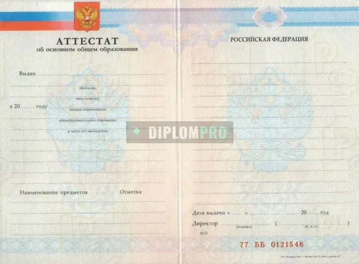 Аттестат за 9 класс с 2008 по 2009 годы